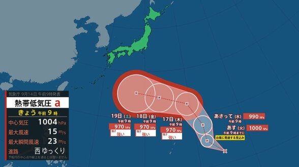 【台風のたまご】トラック諸島近海の熱帯低気圧、24時間以内に台風に発達へ　17日（木）には「強い」勢力で小笠原近海・日本の南へ【雨と風のシミュレーション】　|　富山のニュース｜天気・防災｜チューリップテレビ