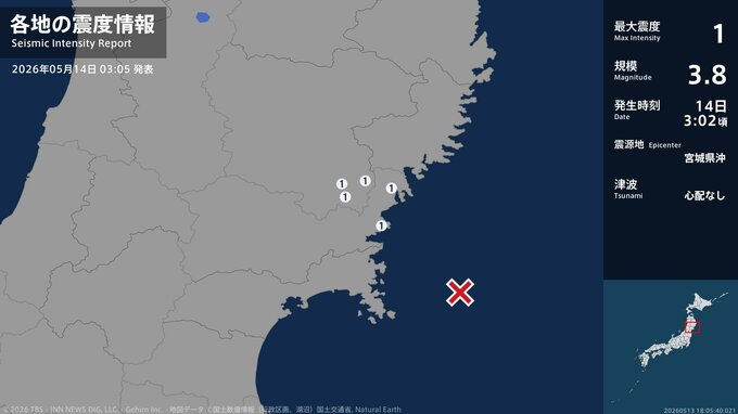 岩手県、宮城県で最大震度1の地震　岩手県・一関市、宮城県・気仙沼市、南三陸町|TBS NEWS DIG