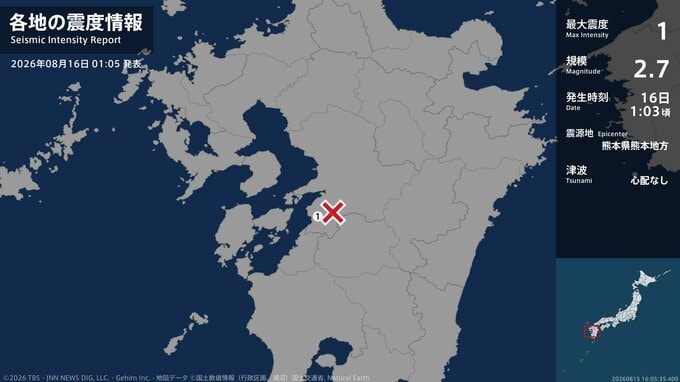 熊本県で最大震度1の地震　熊本県・八代市|TBS NEWS DIG