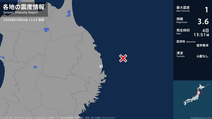 岩手県で最大震度1の地震　岩手県・宮古市|TBS NEWS DIG