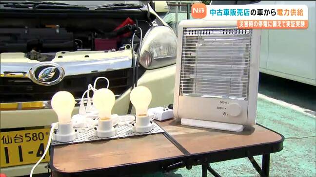 人工呼吸器や吸引器が必要な“災害弱者”の給電スポットに　中古車販売店に並ぶ車から電力供給　災害時の停電を想定し実証実験　仙台|TBS NEWS DIG