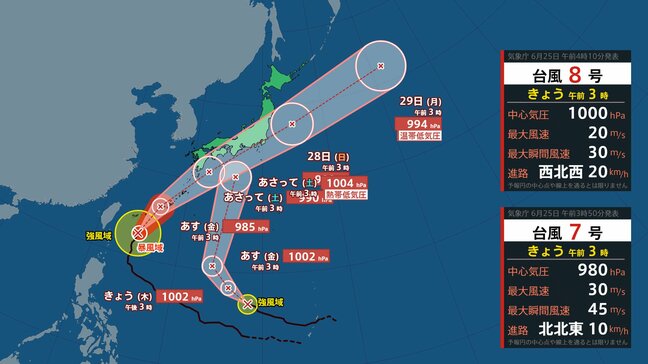 【ダブル台風情報】台風7号は27日関東接近の恐れ　台風8号は熱帯低気圧に変わるも太平洋側で大雨警戒|TBS NEWS DIG