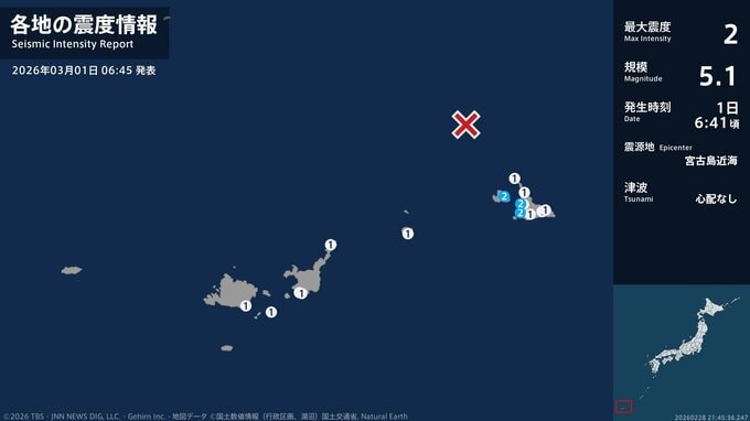 沖縄県で最大震度2の地震　沖縄県・宮古島市|TBS NEWS DIG