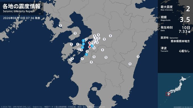 熊本県で最大震度2の地震　熊本県・八代市、上天草市、芦北町|TBS NEWS DIG