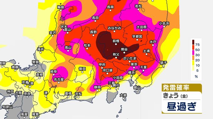 【気象情報】関東甲信　警報級の大雨の可能性　きょう12日（金）朝からあす13日（土）明け方にかけ　大気の状態が非常に不安定に　茨城・栃木・群馬80ミリ　東京・神奈川・千葉・埼玉80ミリ（～13日午前6時・多い所）気象庁（12日午前6時01分発表）【1時間ごとの雨風予想・発雷確率】|TBS NEWS DIG