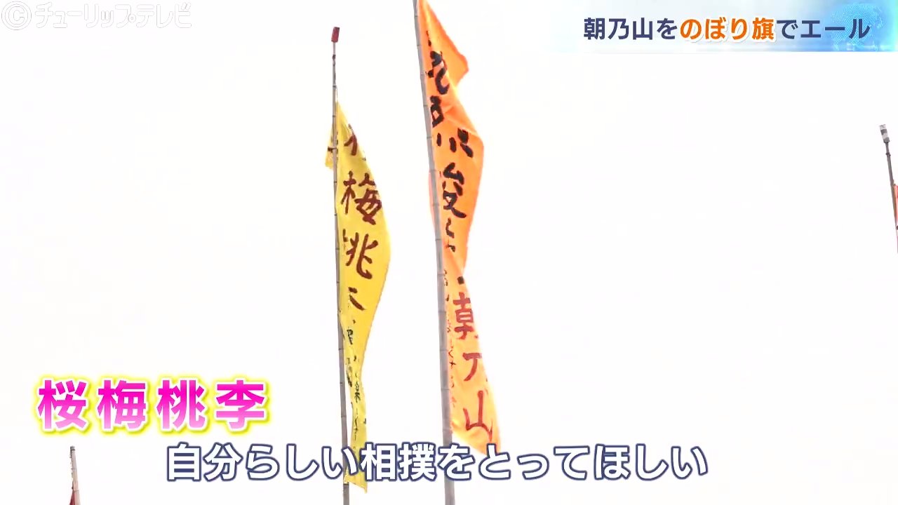 朝乃山をのぼり旗でエール…長さ5mに「桜梅桃李」の四字熟語 名古屋場所