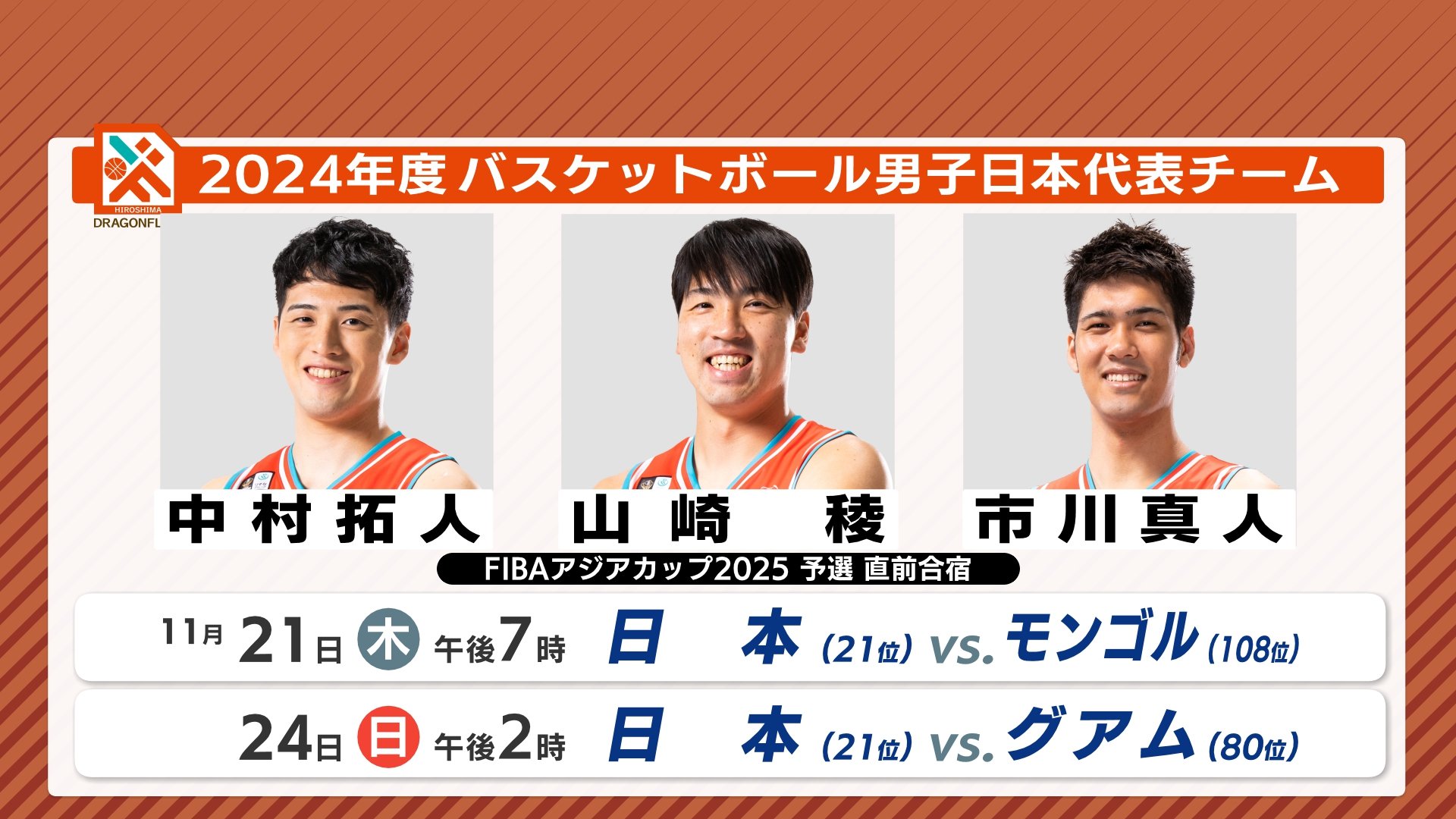 日本代表合宿に広島ドラゴンフライズから3人選出 中村拓人・山崎稜 
