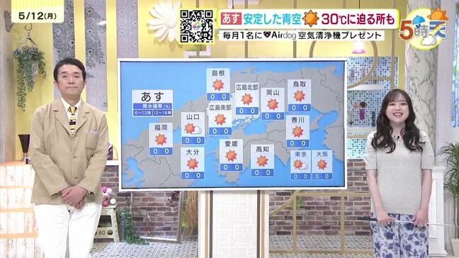 【あす5/13(火)広島天気 】安定した青空が広がる　昼間は３０℃に迫る地点も　空気の乾燥に注意|TBS NEWS DIG
