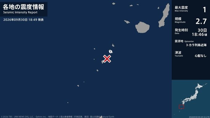 鹿児島県で最大震度1の地震　鹿児島県・鹿児島十島村|TBS NEWS DIG