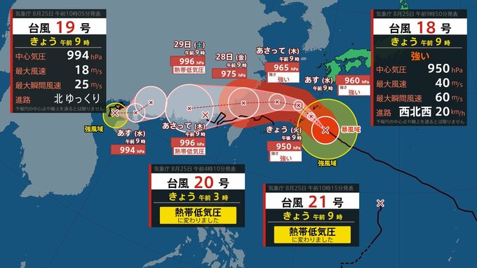 【台風情報】南大東島付近にある台風18号（ソウデル）は26日にかけ「強い」勢力で沖縄本島地方に接近　最大瞬間風速60メートル予想　沖縄・奄美は暴風や高波に厳重警戒【雨風シミュレーション25日～30日】|TBS NEWS DIG