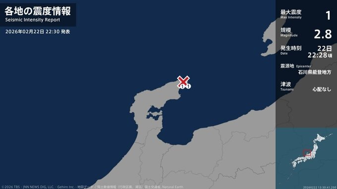 石川県で最大震度1の地震　石川県・珠洲市|TBS NEWS DIG