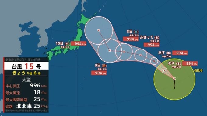 【トリプル台風】台風15号（チャンホン）が発生　強風域半径560kmの大型サイズで北北東へ進む　中心気圧998hPa・最大瞬間風速25m【雨と風のシミュレーション】　|　富山のニュース｜天気・防災｜チューリップテレビ