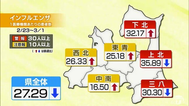 青森県でインフルエンザの流行続く　下北保健所管内では「注意報」が「警報」に引き上げ　全管内で「警報」や「注意報」が継続中　感染対策の徹底を|TBS NEWS DIG