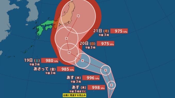 【台風情報】熱帯低気圧、17日（木）未明にも台風に発達へ　975ヘクトパスカルに発達しながら連休後半の20日（日）に日本接近か　気になる進路予想【雨と風のシミュレーション】　|　富山のニュース｜天気・防災｜チューリップテレビ