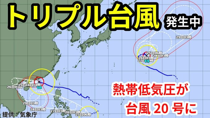 【台風情報】新たな熱帯低気圧「台風のたまご」が「台風20号」に　強い「台風19号」非常に強い「台風18号」トリプル台風発生 9月24日～10月9日までの16日間天気シミュレーション【気象庁 今後の台風進路は？24日午前9時更新】|TBS NEWS DIG