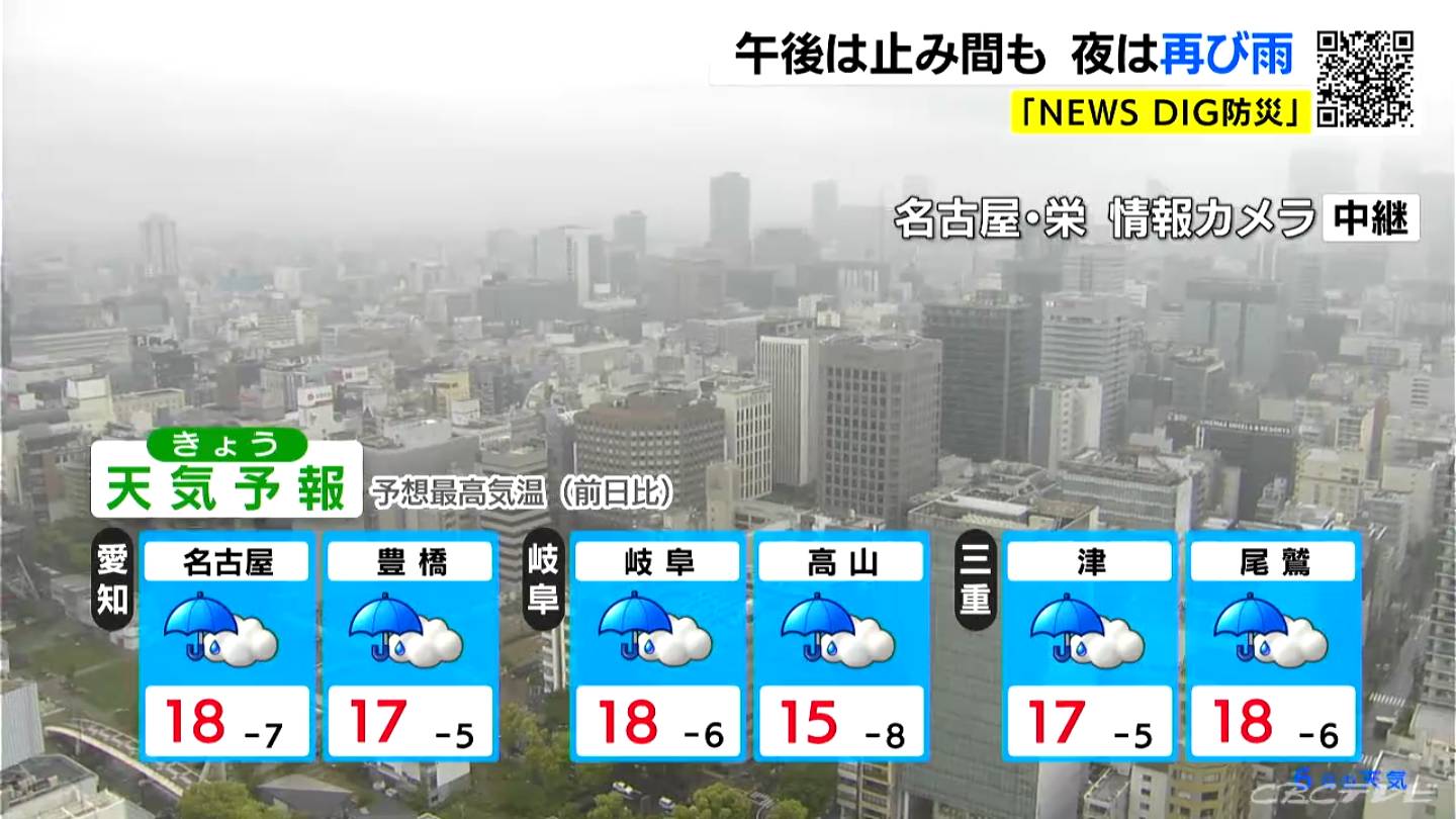 【天気予報】GW最終日 午後一旦雨の止む所もあるが夜再び雨（予想画像1時間ごと） 最高気温は名古屋や岐阜で18度予想 きのうより5度以上低くなる所が多い見込み (6日午後0時時点)　