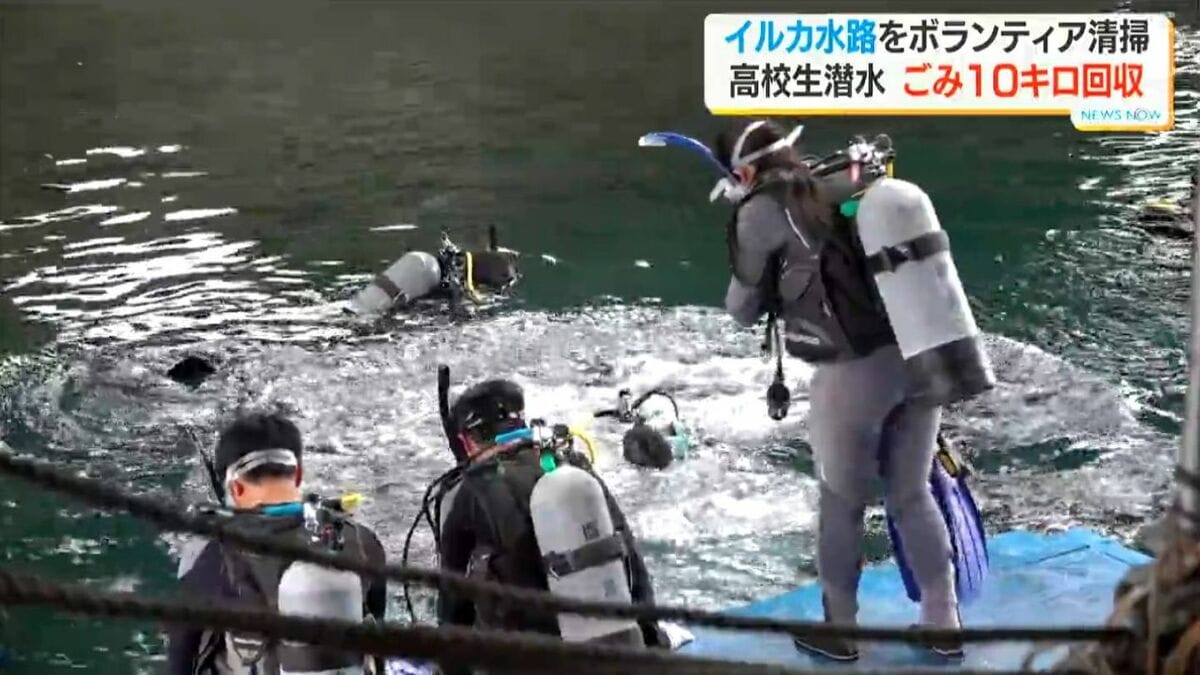 水産高校生がダイビング技術生かし水没ゴミ清掃…かごしま水族館「イルカ水路」で約10キロ回収