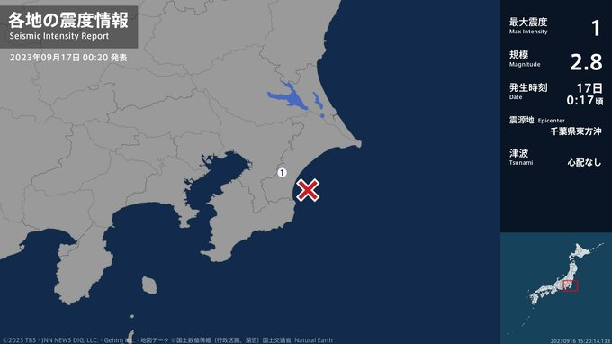 千葉県で最大震度1の地震　千葉県・大網白里市|TBS NEWS DIG