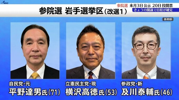 参議院選挙日程確定　7月3日公示、20日投開票　岩手選挙区には3人が出馬予定|TBS NEWS DIG
