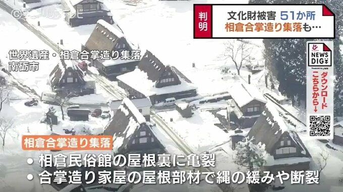 合掌家屋の屋根に縄の緩みが…世界遺産「相倉合掌造り集落」など文化財51か所に被害　富山　|　富山のニュース｜天気・防災｜チューリップテレビ