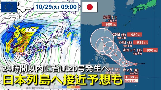 【台風情報】24時間以内に台風20号発生へ　気象庁が５日先までの進路予想を発表　週末以降に日本列島へ北上・接近のおそれも　気象庁＆欧米の海外予報機関　５日後より先の進路予想比較【31日までの雨・風シミュレーション】|TBS NEWS DIG