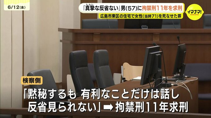 「真摯な反省が見られない」傷害致死などの罪に問われる建設業の男(57)に拘禁刑11年求刑 女性(当時71)の首を圧迫して窒息死させたとされる 広島地裁|TBS NEWS DIG