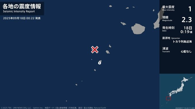 鹿児島県で最大震度1の地震　鹿児島県・鹿児島十島村|TBS NEWS DIG