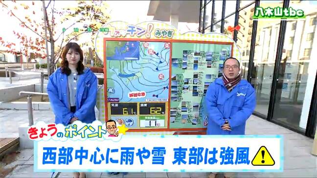 「西部中心に雨や雪、東部は晴れるものの落ち葉が舞い上がるような強風に。最高気温は10℃前後で冬物の上着が必要」tbc気象台　29日|TBS NEWS DIG