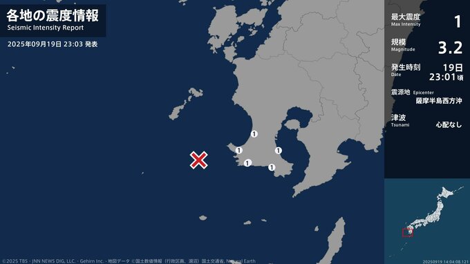 鹿児島県で最大震度1の地震　鹿児島県・鹿児島市、枕崎市、日置市、南さつま市、南九州市|TBS NEWS DIG