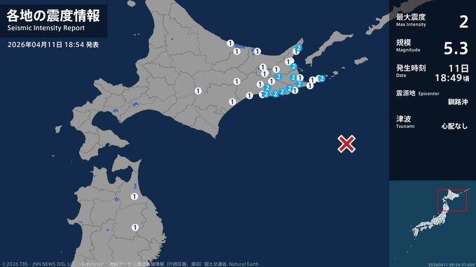 北海道で最大震度2の地震　北海道・釧路町、厚岸町、浜中町、標茶町、標津町、羅臼町、別海町、根室市|TBS NEWS DIG