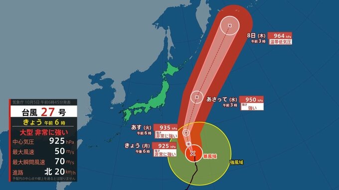 【台風情報】台風27号（チョーイワン）　6日にかけ“非常に強い勢力”保ち小笠原近海へ　5日午前6時現在、中心付近の最大瞬間風速は70m【雨と風のシミュレーション画像】　|　富山のニュース｜天気・防災｜チューリップテレビ