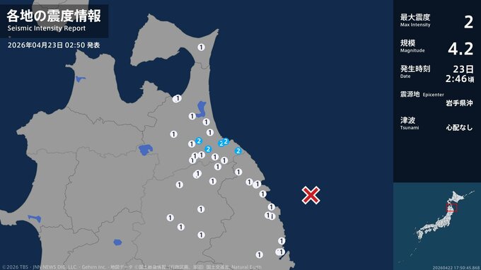 青森県で最大震度2の地震　青森県・八戸市、五戸町、青森南部町、階上町|TBS NEWS DIG