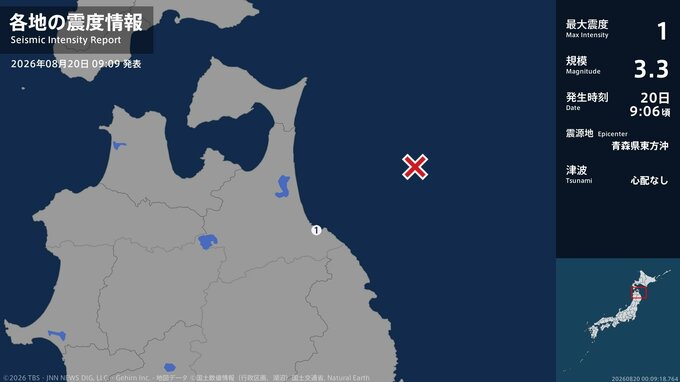 青森県で最大震度1の地震　青森県・八戸市|TBS NEWS DIG