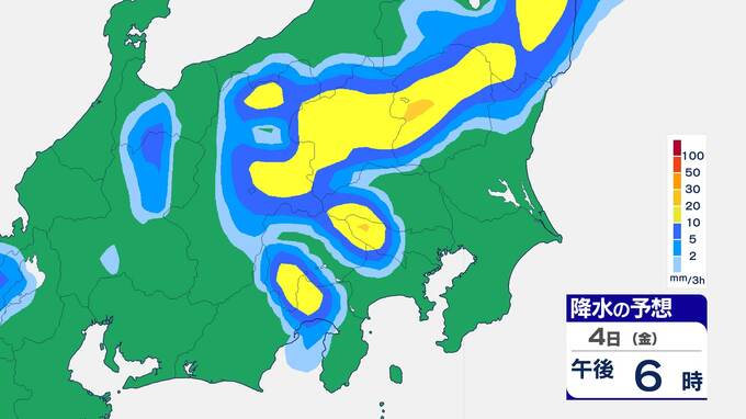 【大雨情報】関東甲信地方では4日夜遅くにかけて雷を伴った非常に激しい雨の降る所も　1時間予想降水量は関東北部で60ミリ　関東南部40ミリ　甲信50ミリ【雨風シミュレーション】土砂災害や浸水に警戒　|　富山のニュース｜天気・防災｜チューリップテレビ