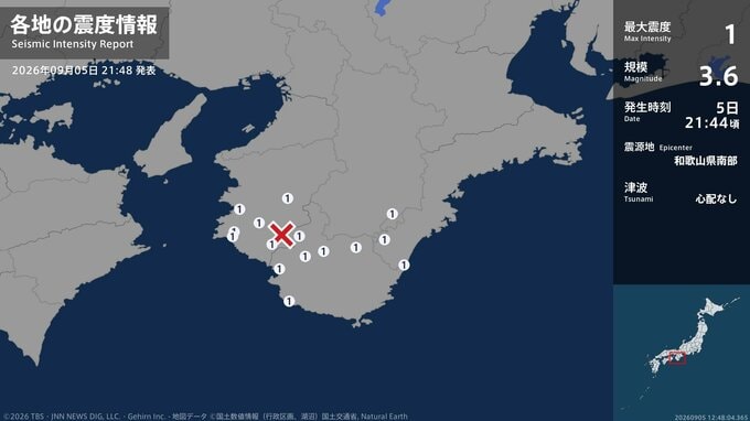 三重県、奈良県、和歌山県で最大震度1の地震　三重県・熊野市、紀宝町、奈良県・下北山村、和歌山県・御坊市|TBS NEWS DIG