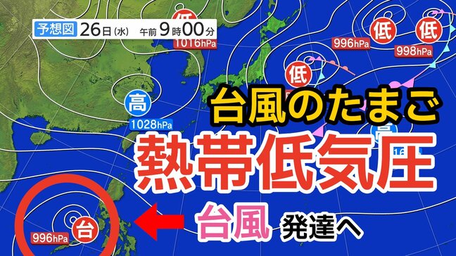 【台風情報】「台風のたまご」熱帯低気圧が発生　あす（26日）にも台風に発達か　今後の進路は？　25日～30日にかけての雨風シミュレーション＆全国各地の16日間天気予報【気象庁 25日午後5時更新】	|TBS NEWS DIG