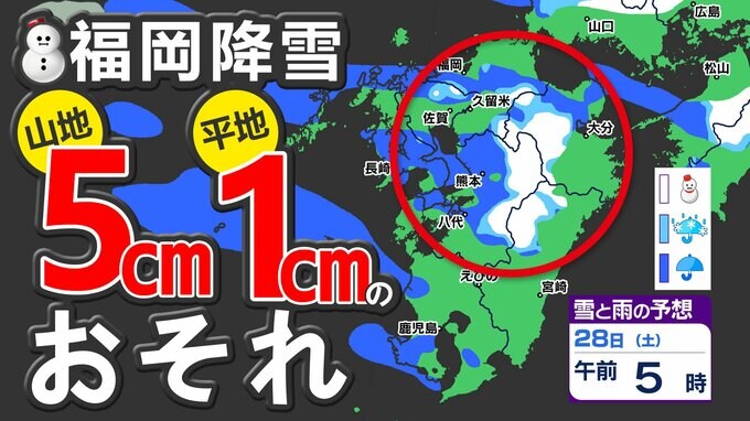 【大雪に関する気象情報】九州北部地方に発表  積雪や路面凍結に注意 【福岡・佐賀・大分・熊本に多い所５ｃｍの降雪】２７日（金）～２８日（土）雨と雪のシミュレーション|TBS NEWS DIG