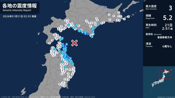北海道、青森県で最大震度3の地震　北海道・様似町、青森県・八戸市、階上町、東通村|TBS NEWS DIG