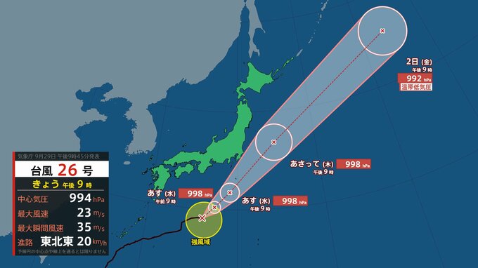 【台風情報】台風26号（スリゲ）30日午後から10月1日午前は関東甲信地方で高波・土砂災害など警戒・注意（29日午後9時更新）【雨風シミュレーション】|TBS NEWS DIG