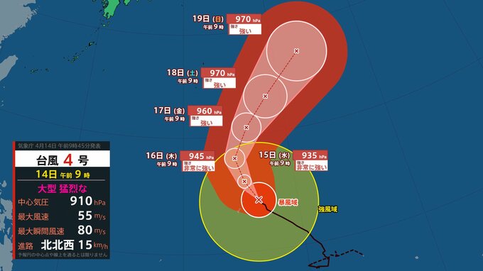 【台風情報】“大型で猛烈な”台風4号…週末にかけて小笠原近海へ接近か　勢力を維持しながら北西へ、中心気圧は905hPa【雨風シミュレーション】　|　富山のニュース｜天気・防災｜チューリップテレビ