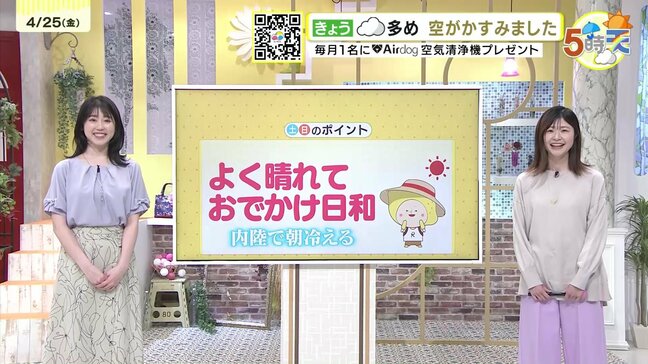 【4/26 ・27(土日)広島天気】よく晴れておでかけ日和 内陸や北部で朝の冷え込み強い 空気乾燥注意 この時期ぴったりな曲も|TBS NEWS DIG