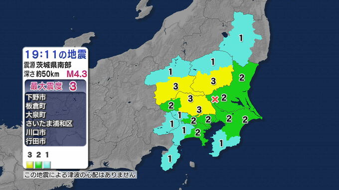 関東地方の広範囲で揺れ 埼玉県などで最大震度3 茨城県南部震源 マグニチュード4.3の地震 津波の心配なし 静岡県内でも震度1【地震情報】|TBS NEWS DIG