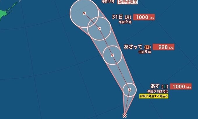 【台風情報】新たな台風のたまご「熱帯低気圧c」発生　24時間以内に発達し「台風23号」となる見込み　進路は？日本への影響は？　台風18号・22号の進路予想、9月7日にかけての雨風シミュレーション【気象庁28日10時15分発表】|TBS NEWS DIG
