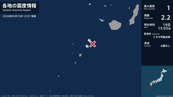 鹿児島県で最大震度1の地震　鹿児島県・鹿児島十島村|TBS NEWS DIG