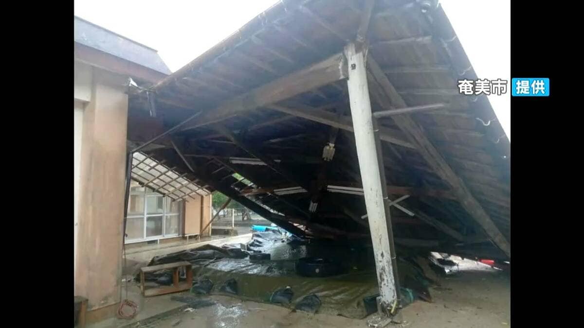 台風13号 接近の奄美で外壁崩れや土俵のやぐらが倒壊する被害 交通に