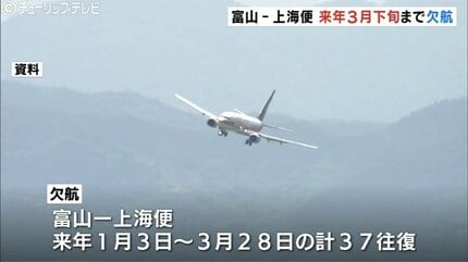 富山-上海便 日本への渡航自粛呼びかけが影響か 来年3月下旬まで欠航