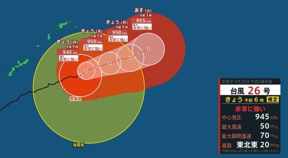 【台風情報】台風26号、28日（月）は非常に強い勢力で沖縄地方と奄美地方に接近へ　うねりを伴う高波に警戒し、強風に注意・警戒　進路によっては、さらに風が強まる可能性【雨と風のシミュレーション】　|　富山のニュース｜天気・防災｜チューリップテレビ