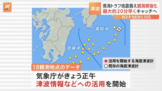 高知沖~宮崎沖の津波を最大約20分早くキャッチへ 南海トラフ地震に備え観測網強化 気象庁が21日から活用開始 津波情報発表の迅速化などに期待|TBS NEWS DIG