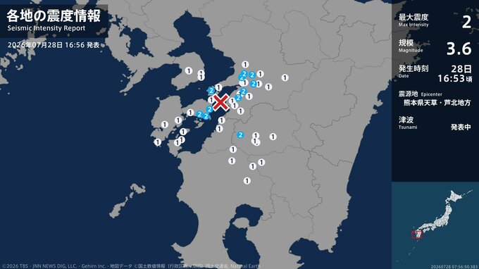 熊本県で最大震度2の地震　熊本県・熊本南区、八代市、宇土市、宇城市、氷川町、球磨村、上天草市、天草市|TBS NEWS DIG