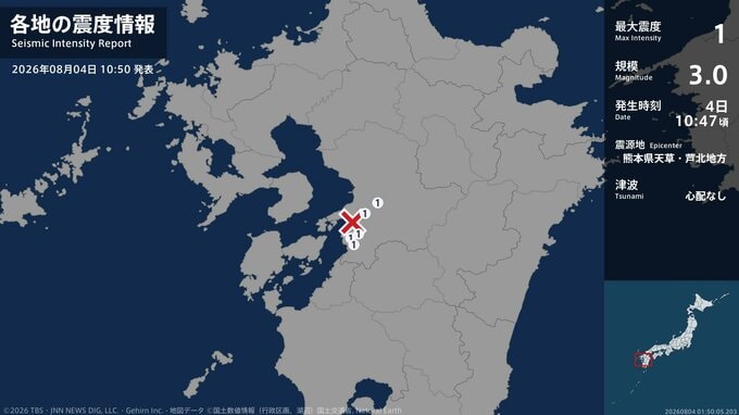 熊本県で最大震度1の地震　熊本県・熊本南区、八代市、宇城市|TBS NEWS DIG